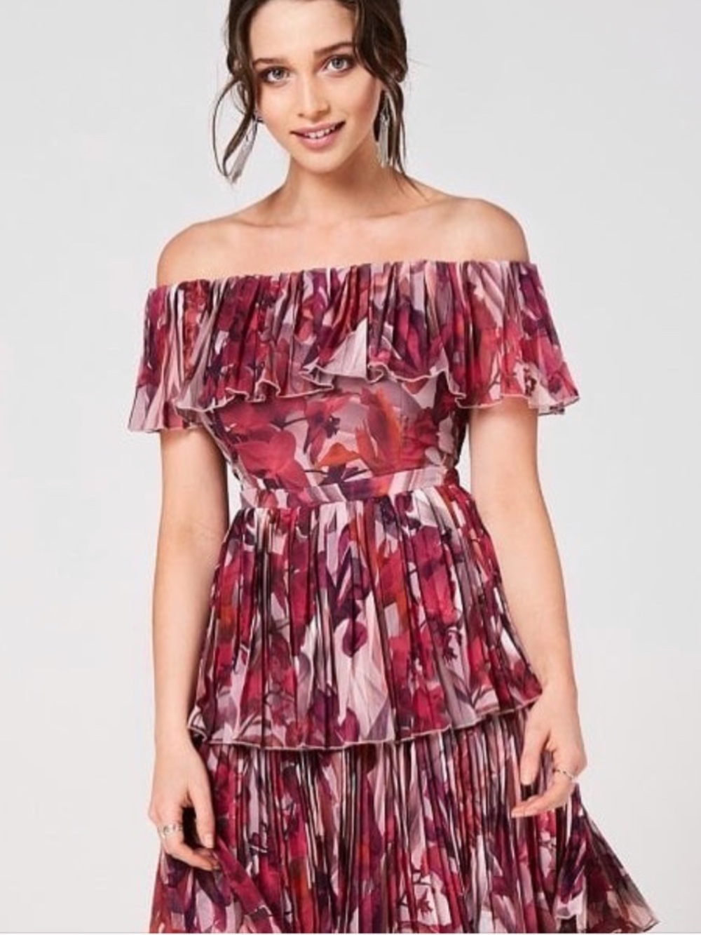 Little Mistress Off Shoulder dress in Multi Floral Pink/Purple size 36